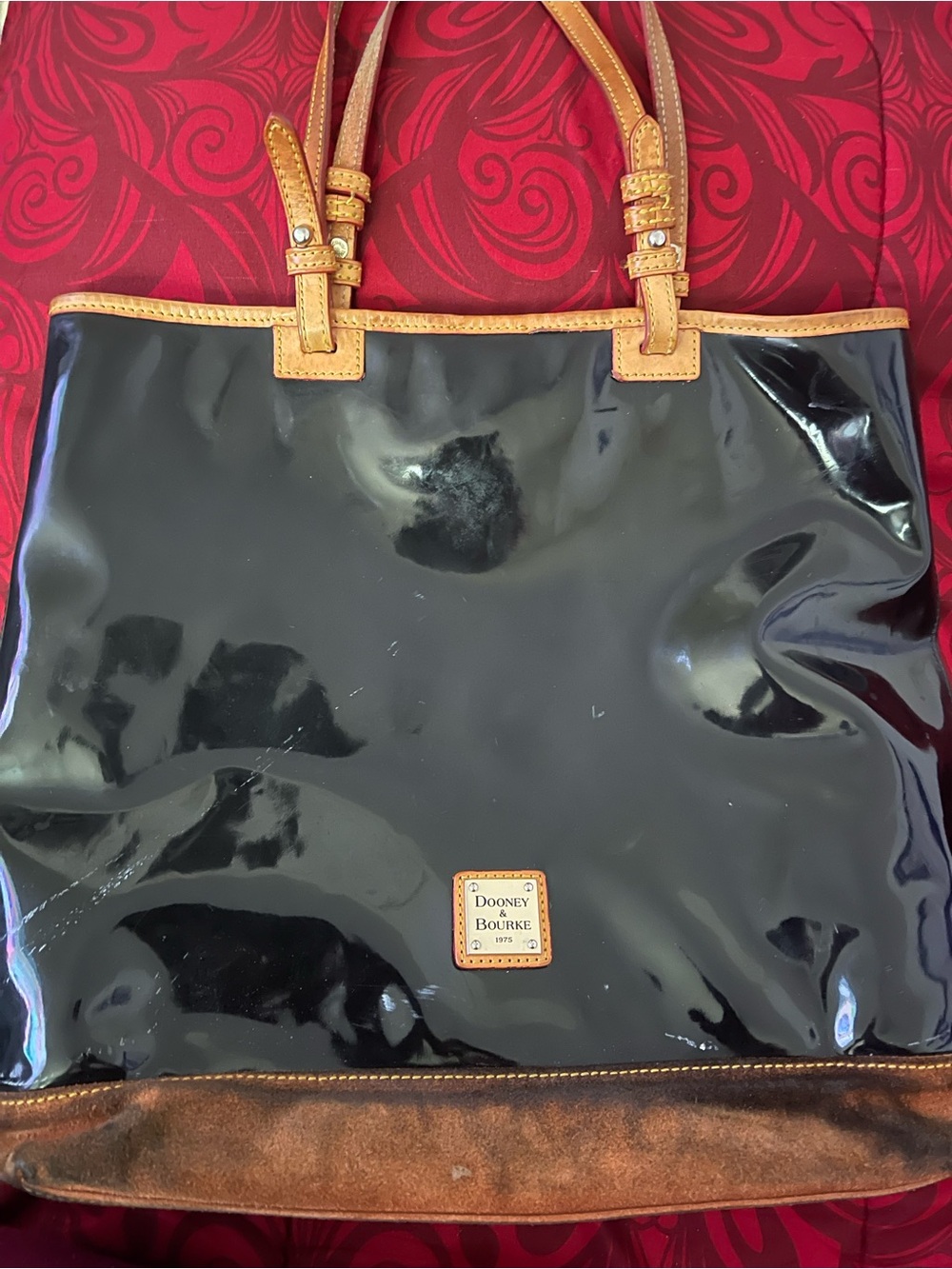 Dooney & Bourke Black Patent Tote with Tan Trim